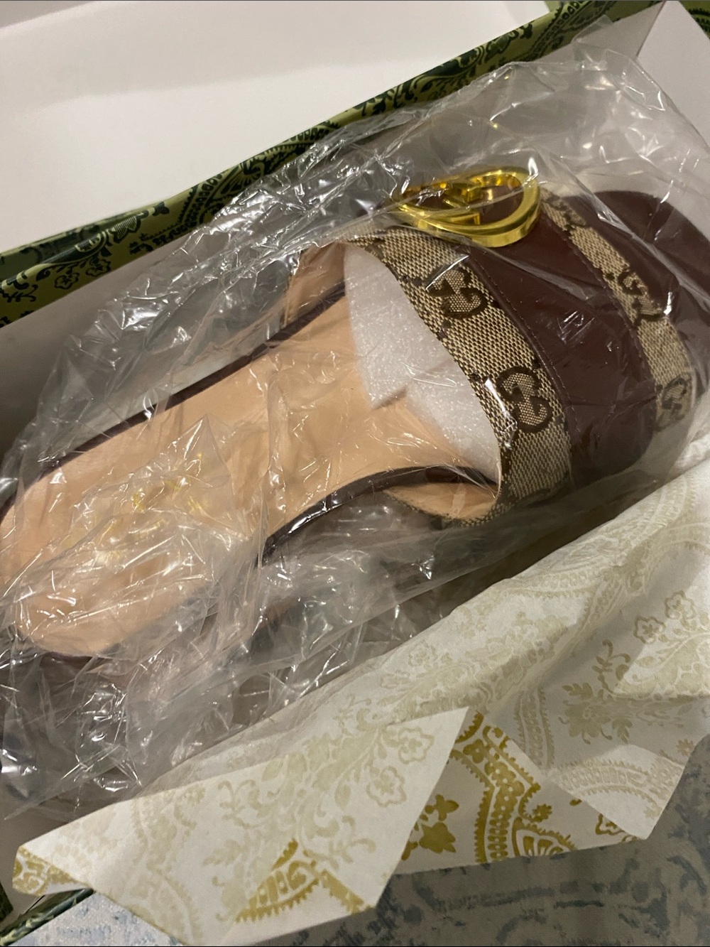 Gucci Brown GG Canvas & Leather Slide Mules with Gold Double G - Picture 9 of 12